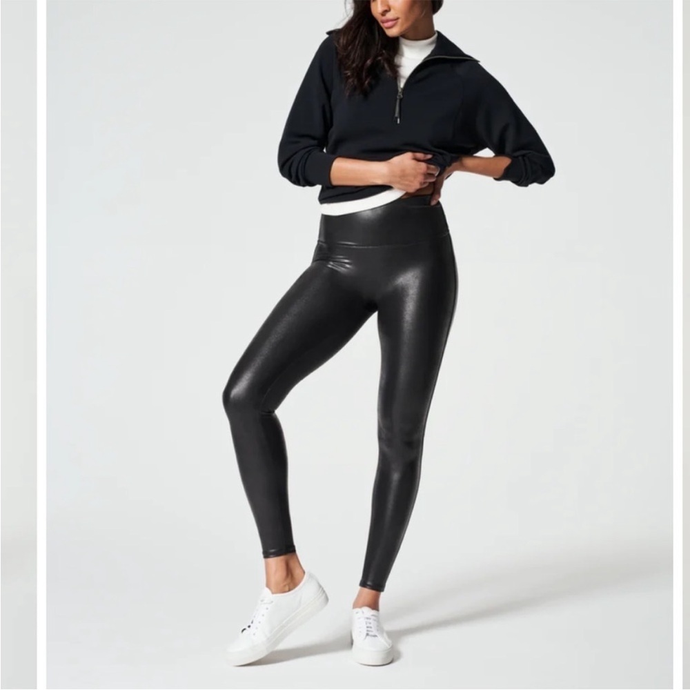 Spanx Faux Leather Compression Shaping Leggings Black/Dark Gray Metallic Shimmer